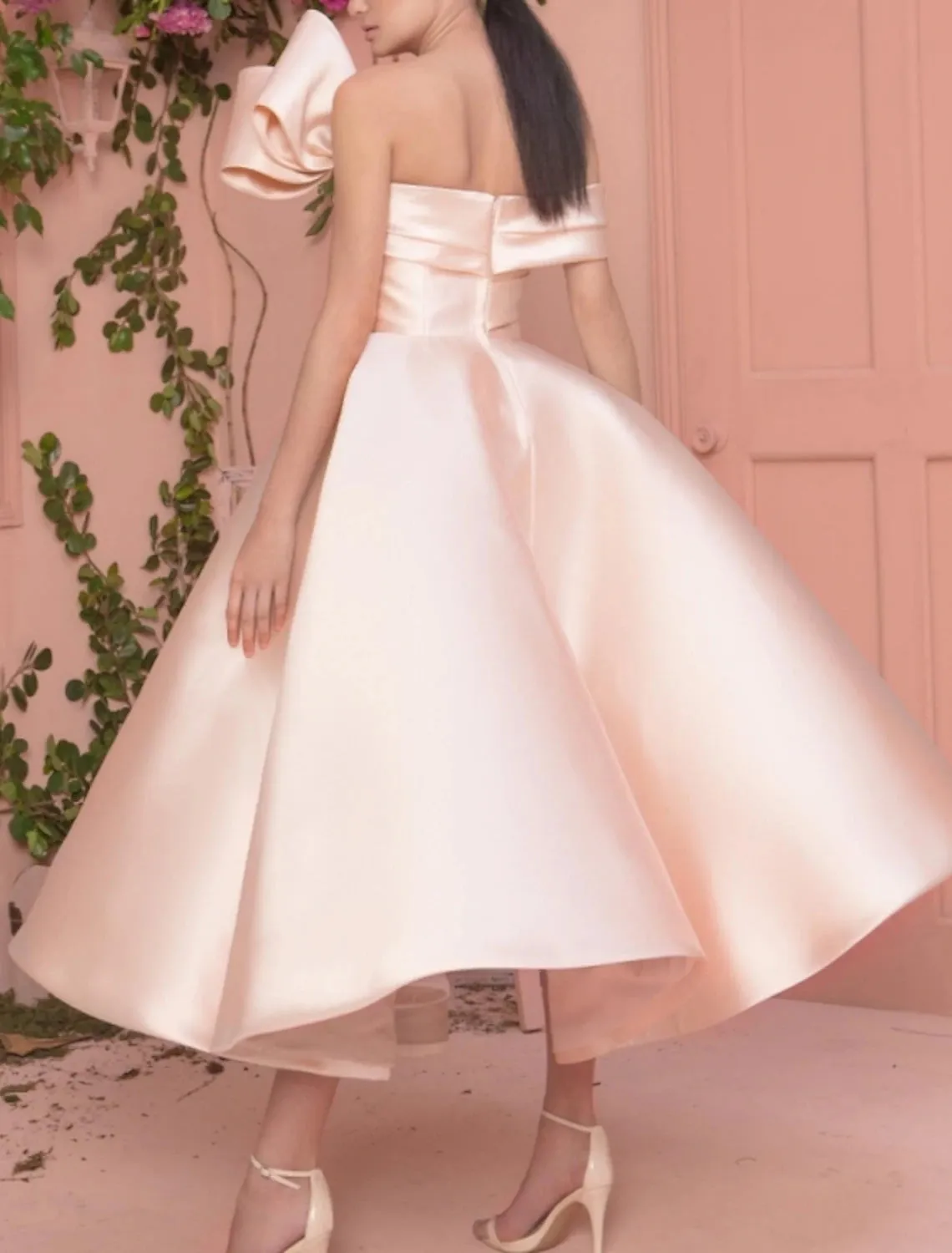 A-Line Prom Dresses Elegant Dress Valentine's Day Wedding Guest Ankle Length Short Sleeve Off Shoulder Satin with Sleek