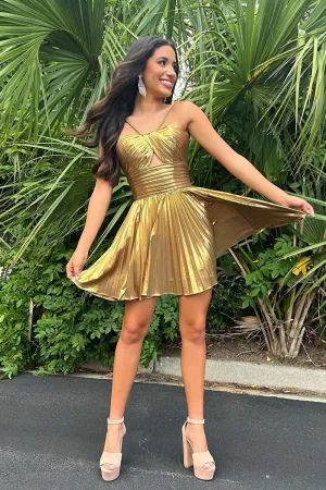 A-Line Spaghetti Straps Keyhole Gold Pleated Short Homecoming Dresses VK24062102