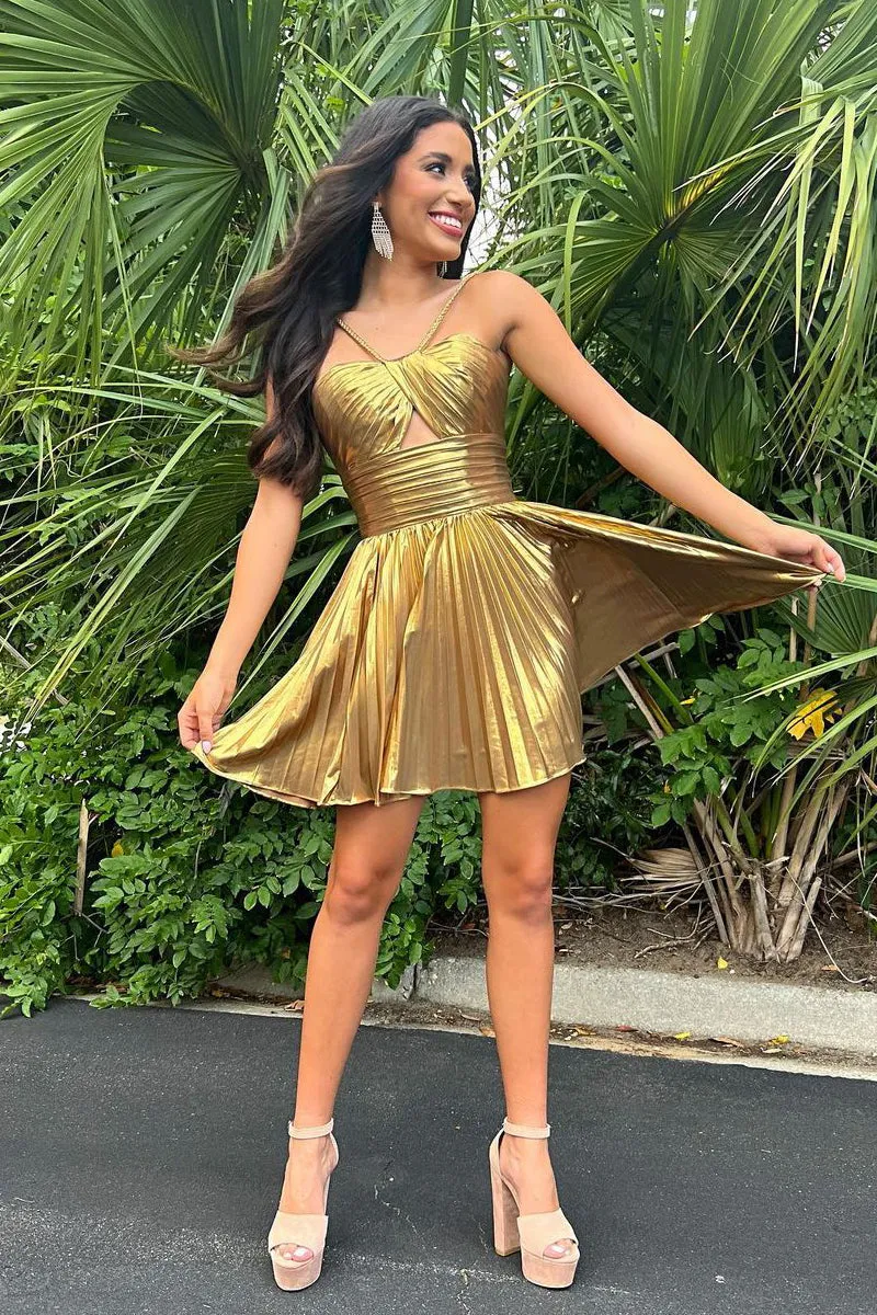 A-Line Spaghetti Straps Keyhole Gold Pleated Short Homecoming Dresses VK24062102