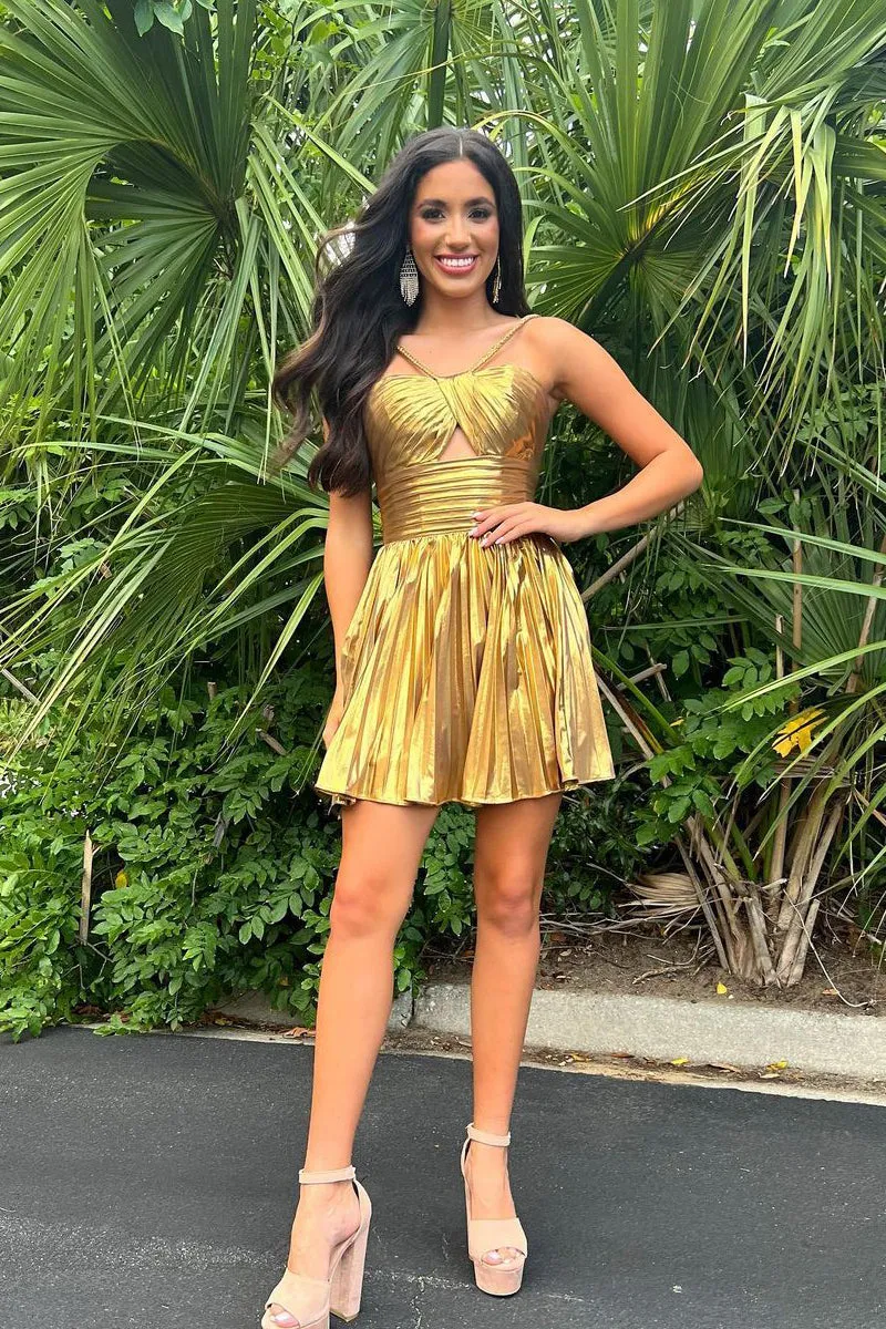A-Line Spaghetti Straps Keyhole Gold Pleated Short Homecoming Dresses VK24062102