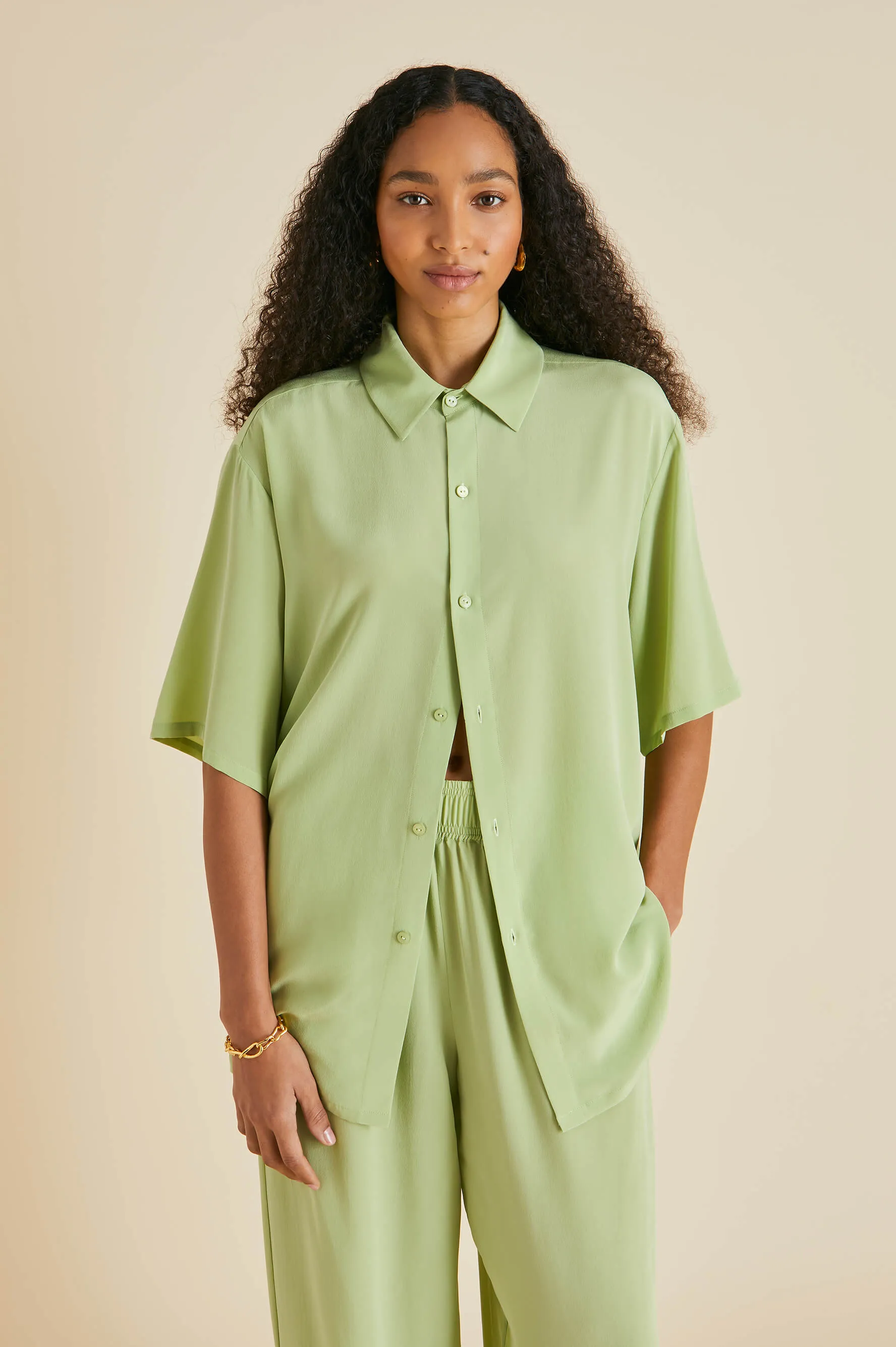 Alabama Green Pajamas in Silk Crêpe de Chine