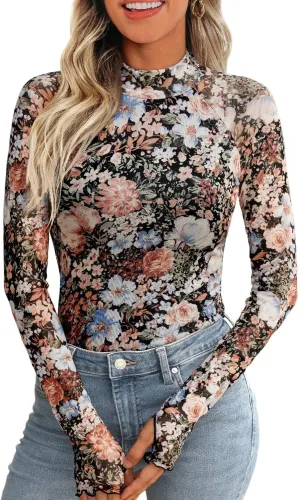 Arssm Women's Floral Mesh Long Sleeve Mock Neck Tops