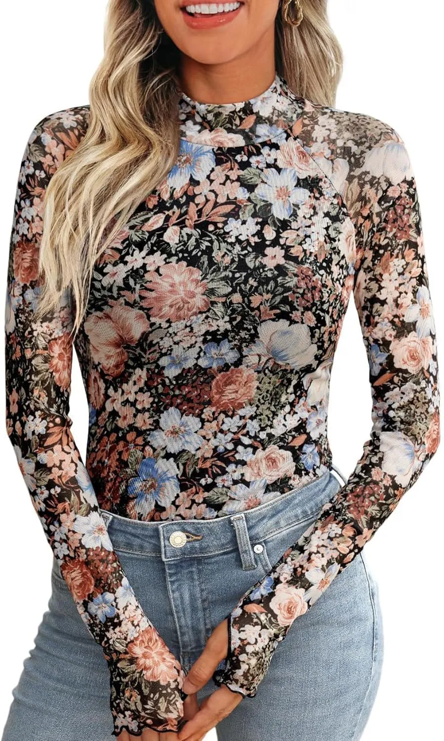 Arssm Women's Floral Mesh Long Sleeve Mock Neck Tops