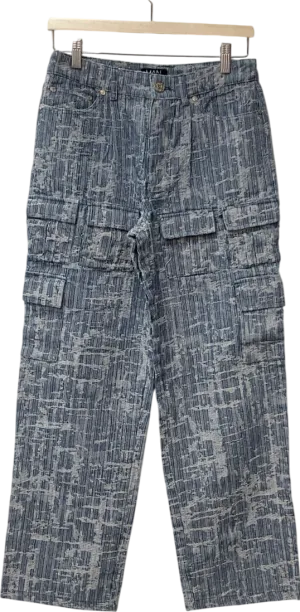boohooMan Blue Baggy Fabric Interest Multi Cargo Pocket Jean UK XXS