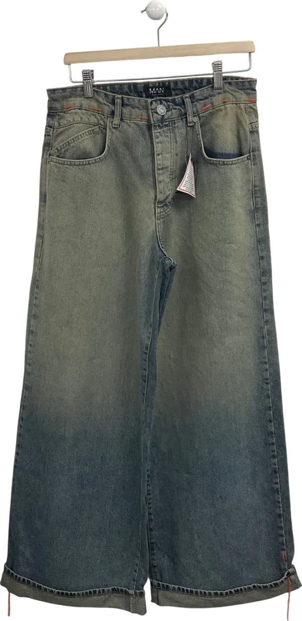 boohooMan Blue Baggy Rigid Stitch Detail Denim Jeans W30