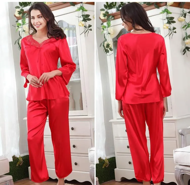 Bow Front Lace Trim Silky Women Pajama Set