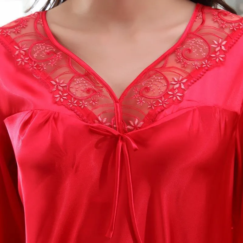 Bow Front Lace Trim Silky Women Pajama Set