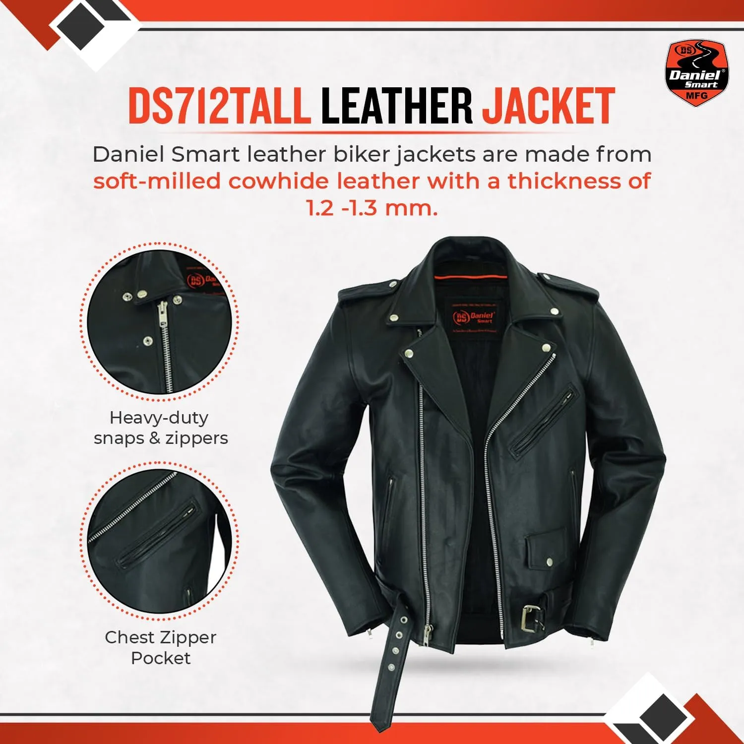 Daniel Smart Men Motorcycle Leather Jacket Police Style Black Biker Leather Jacket with Half Belt and Multiple Pockets