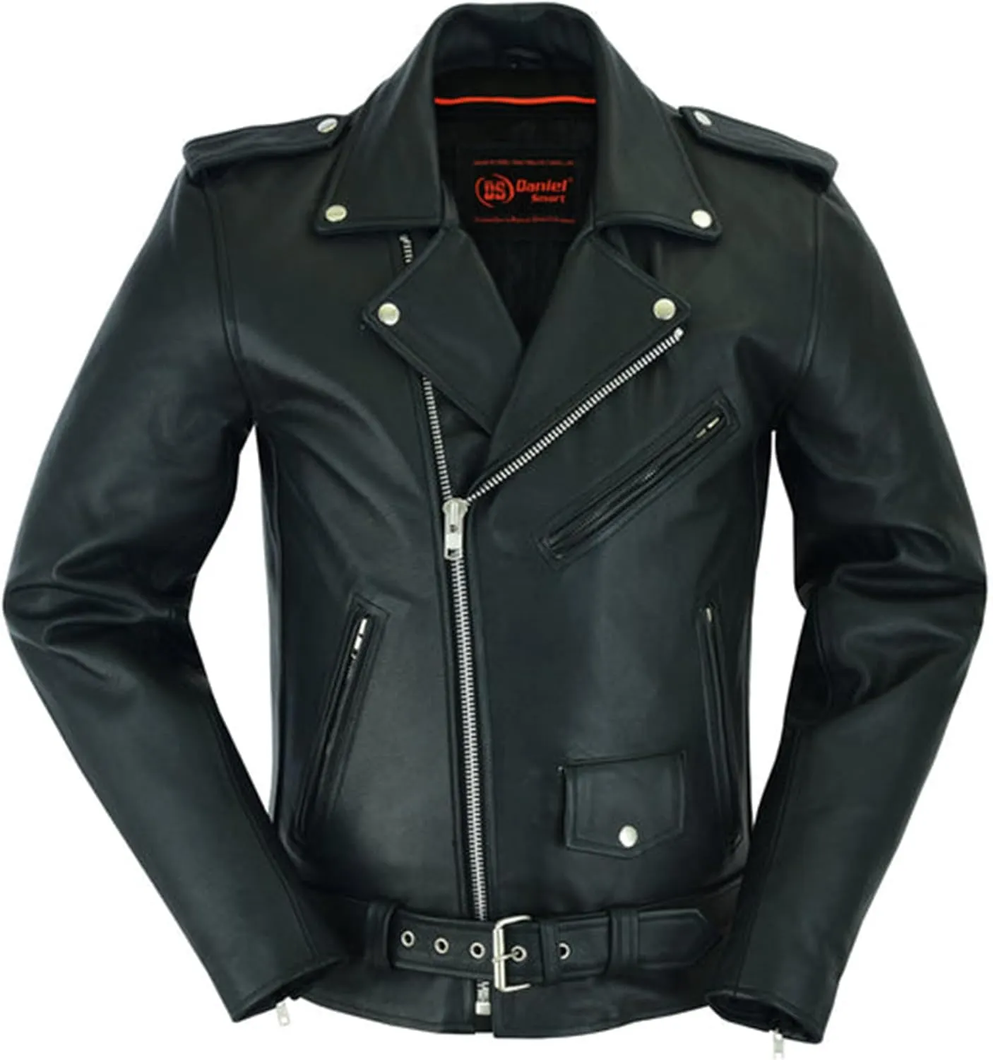Daniel Smart Men Motorcycle Leather Jacket Police Style Black Biker Leather Jacket with Half Belt and Multiple Pockets