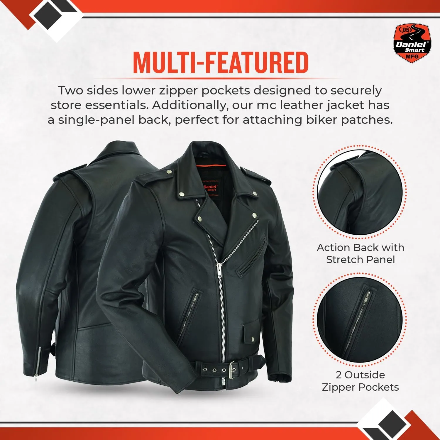 Daniel Smart Men Motorcycle Leather Jacket Police Style Black Biker Leather Jacket with Half Belt and Multiple Pockets