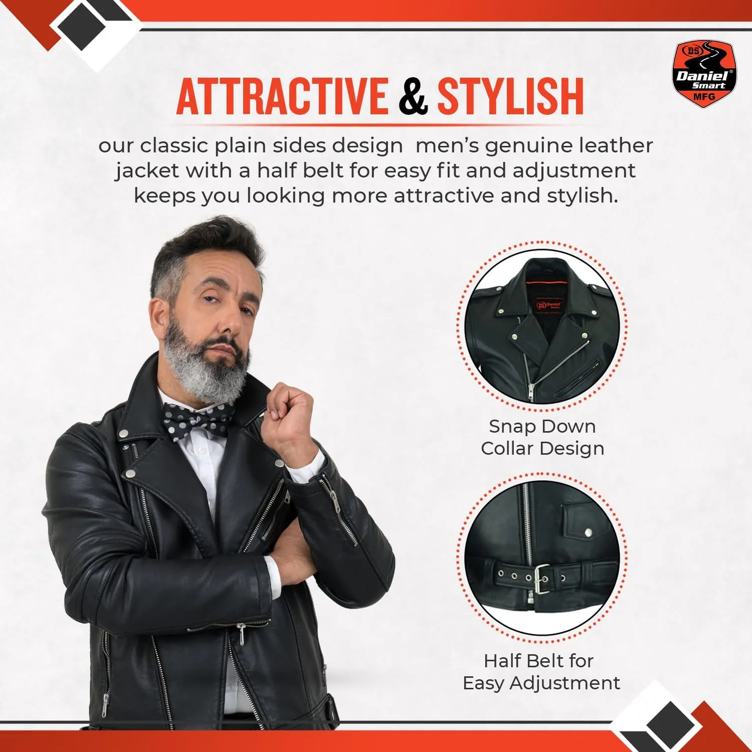 Daniel Smart Men Motorcycle Leather Jacket Police Style Black Biker Leather Jacket with Half Belt and Multiple Pockets