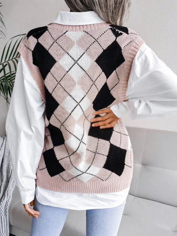 Diamond Knitted V Neck Sweater - Ribbed Vest