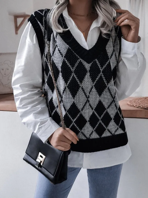 Diamond Knitted V Neck Sweater - Ribbed Vest