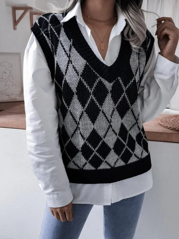 Diamond Knitted V Neck Sweater - Ribbed Vest
