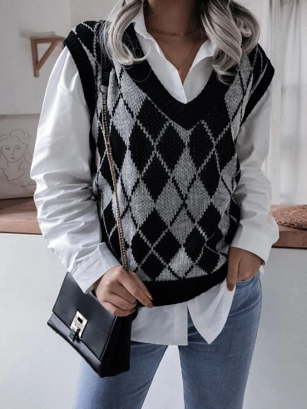 Diamond Knitted V Neck Sweater - Ribbed Vest