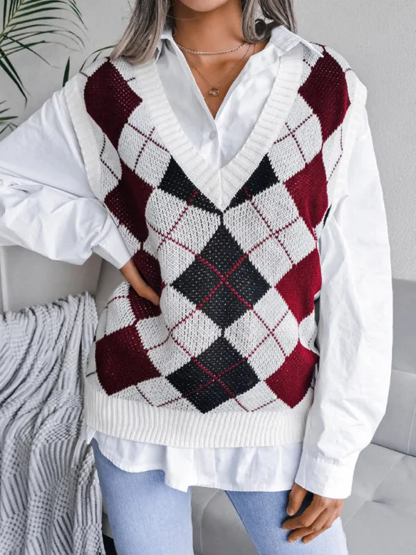 Diamond Knitted V Neck Sweater - Ribbed Vest