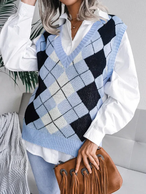 Diamond Knitted V Neck Sweater - Ribbed Vest