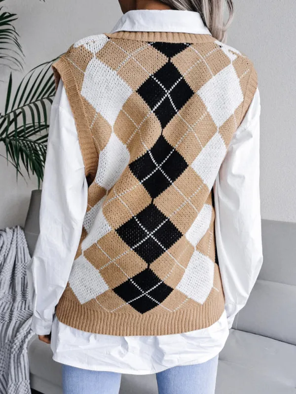 Diamond Knitted V Neck Sweater - Ribbed Vest