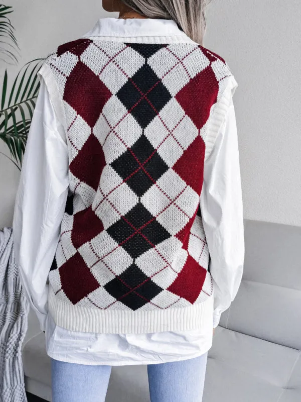 Diamond Knitted V Neck Sweater - Ribbed Vest