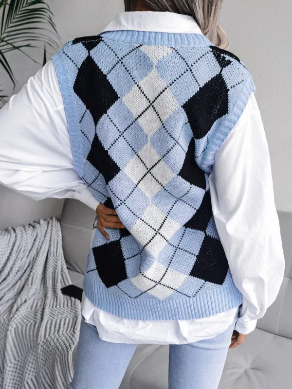 Diamond Knitted V Neck Sweater - Ribbed Vest