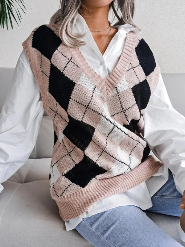Diamond Knitted V Neck Sweater - Ribbed Vest