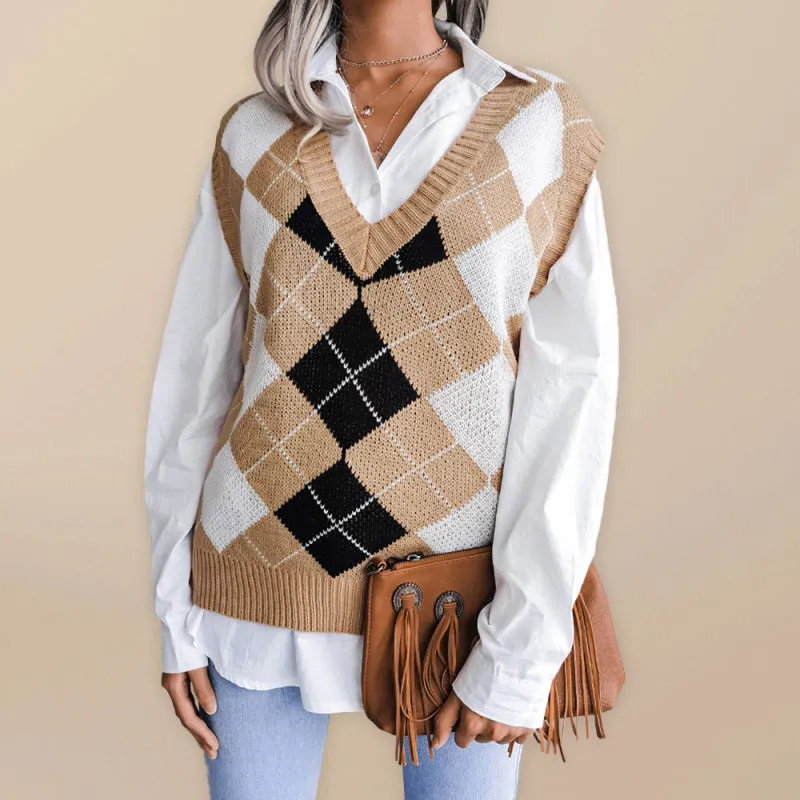 Diamond Knitted V Neck Sweater - Ribbed Vest