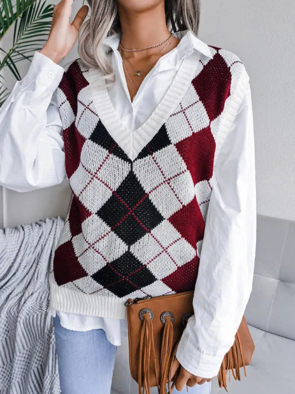 Diamond Knitted V Neck Sweater - Ribbed Vest