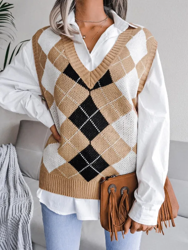 Diamond Knitted V Neck Sweater - Ribbed Vest