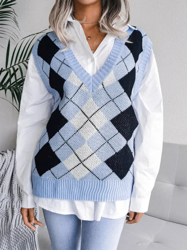 Diamond Knitted V Neck Sweater - Ribbed Vest