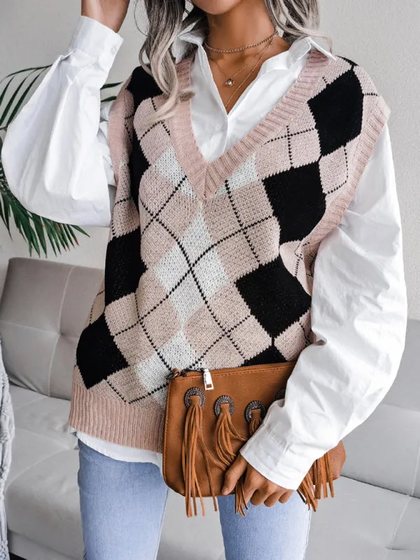 Diamond Knitted V Neck Sweater - Ribbed Vest