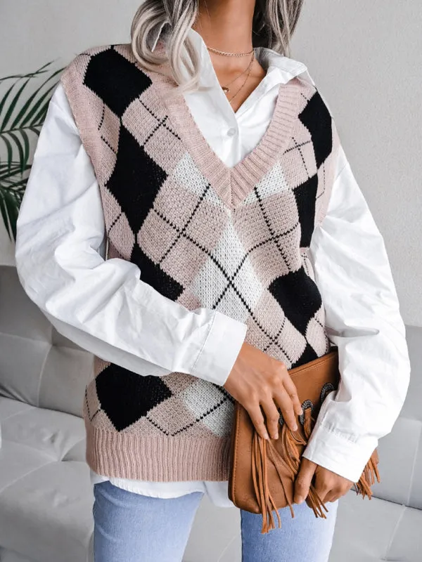 Diamond Knitted V Neck Sweater - Ribbed Vest
