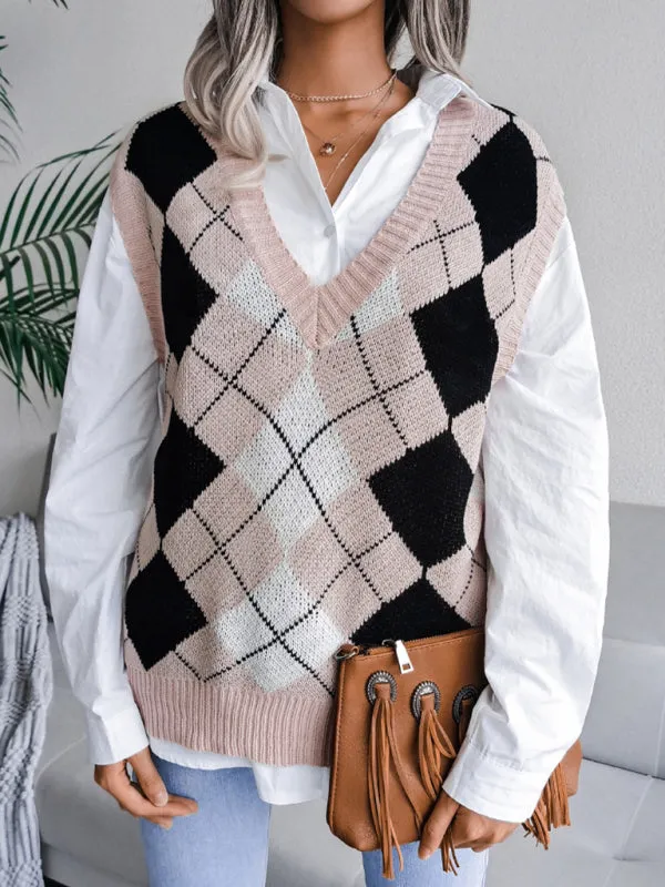Diamond Knitted V Neck Sweater - Ribbed Vest