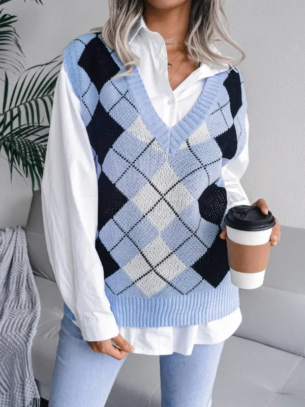 Diamond Knitted V Neck Sweater - Ribbed Vest
