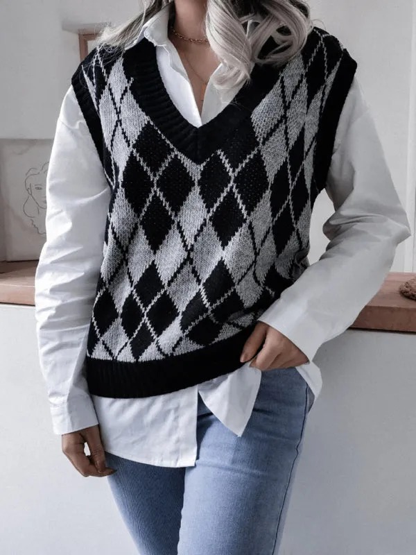 Diamond Knitted V Neck Sweater - Ribbed Vest