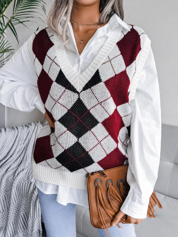 Diamond Knitted V Neck Sweater - Ribbed Vest