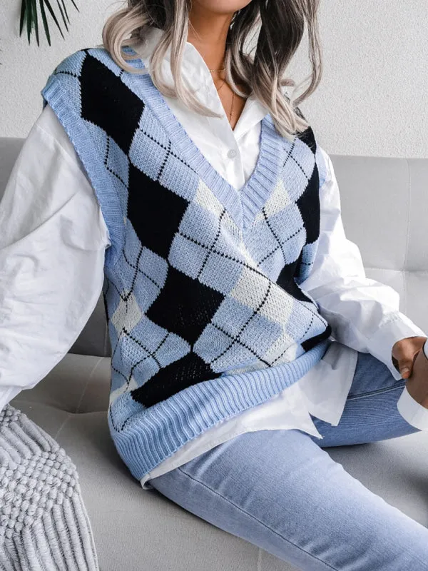 Diamond Knitted V Neck Sweater - Ribbed Vest