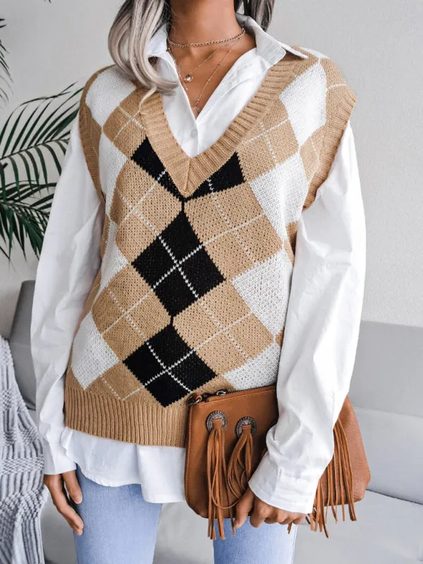 Diamond Knitted V Neck Sweater - Ribbed Vest