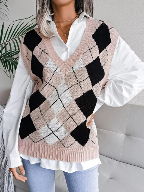 Diamond Knitted V Neck Sweater - Ribbed Vest