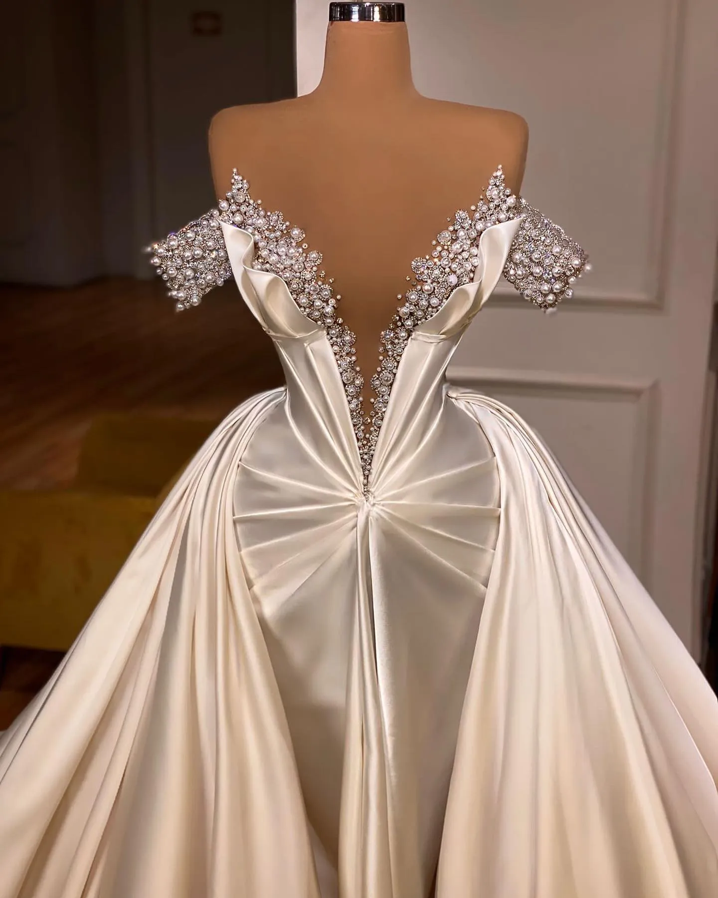 Exquisite Floor Length V-Neck Off-The-Shoulder A-Line Satin Prom Dress with Beads
