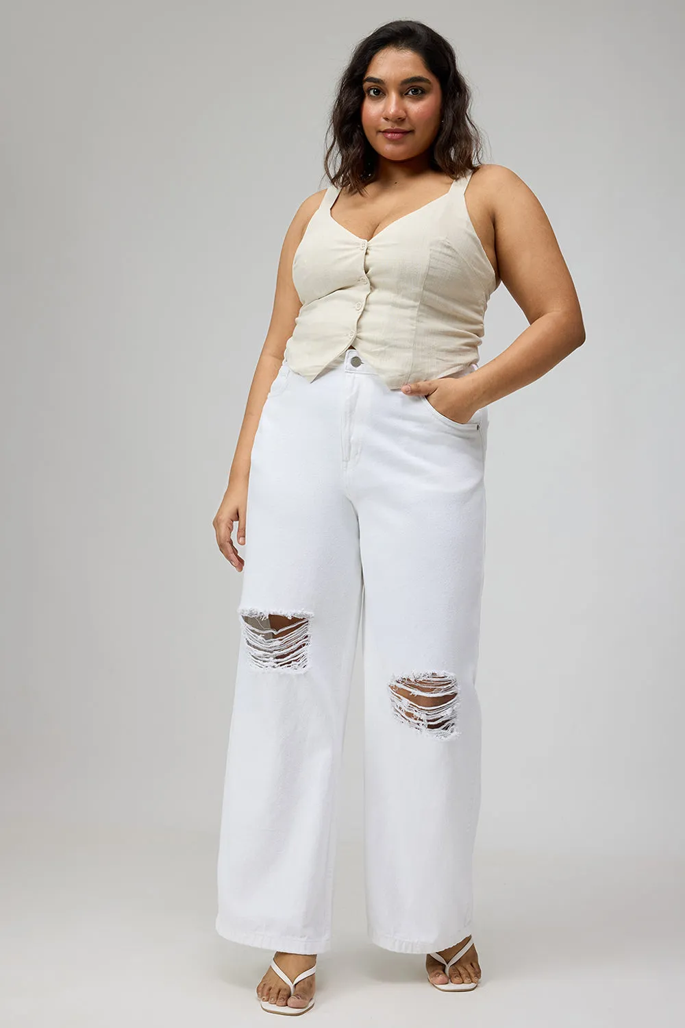 Glacial White Ripped Wide-Leg Jeans