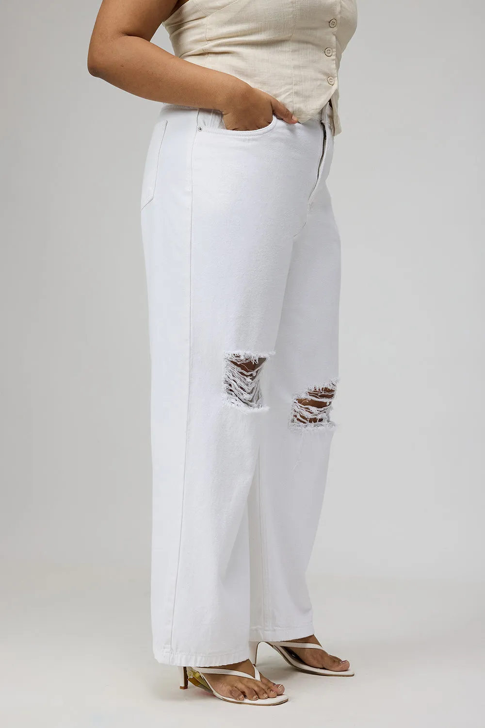 Glacial White Ripped Wide-Leg Jeans