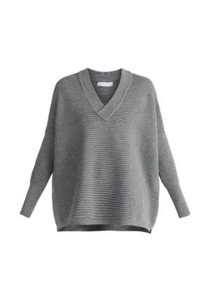Grey V-Neck Ribbed Jumper