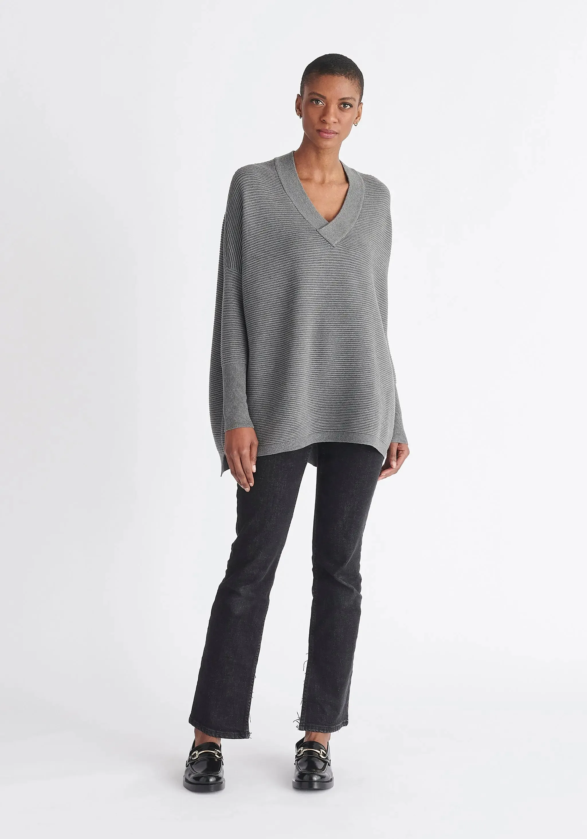 Grey V-Neck Ribbed Jumper