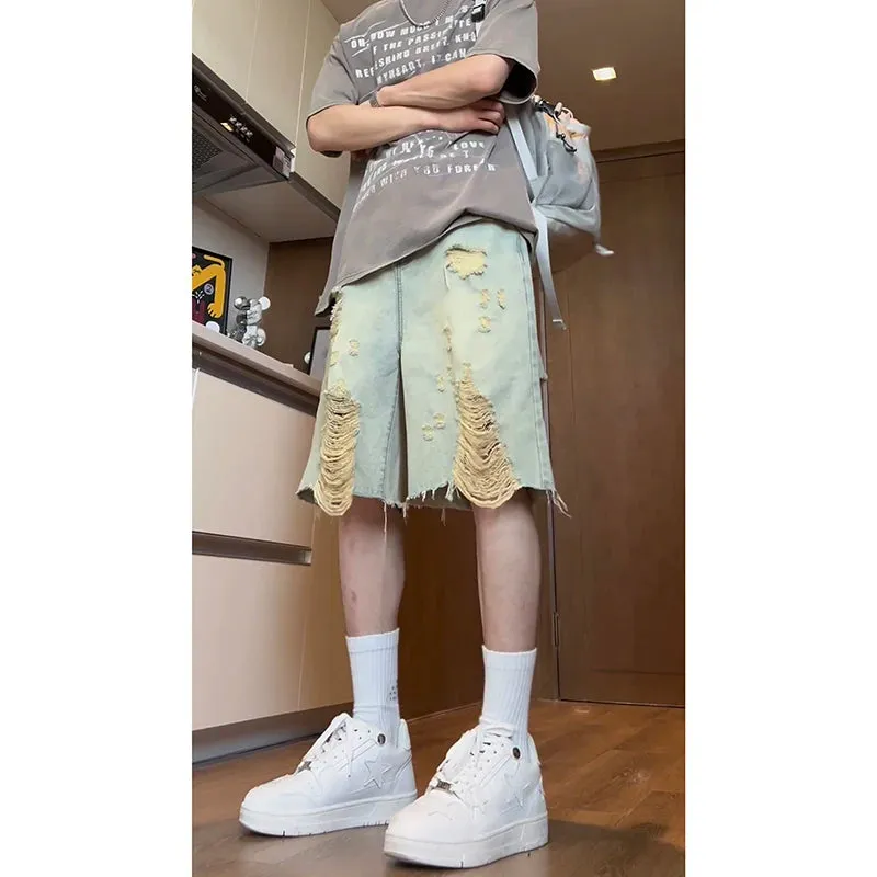 Hnzxzm High Street Men Summer Ripped Denim Shorts Jeans for Men Streetwear Style Washed Shorts Hip Hop Trendy Baggy Comfort Pants