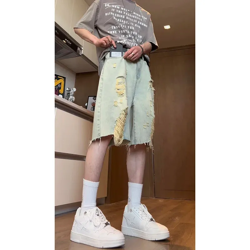 Hnzxzm High Street Men Summer Ripped Denim Shorts Jeans for Men Streetwear Style Washed Shorts Hip Hop Trendy Baggy Comfort Pants