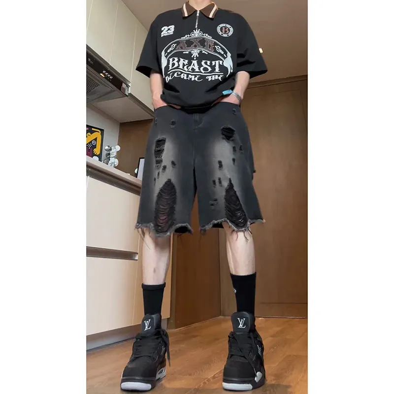 Hnzxzm High Street Men Summer Ripped Denim Shorts Jeans for Men Streetwear Style Washed Shorts Hip Hop Trendy Baggy Comfort Pants