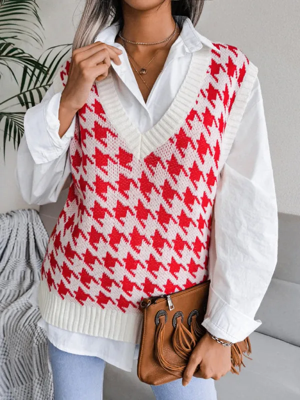 Knitted V Neck Sweater - Houndstooth Vest