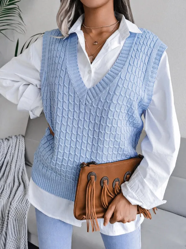 Knitwear Vest - V Neck Twist Knitted Sweater