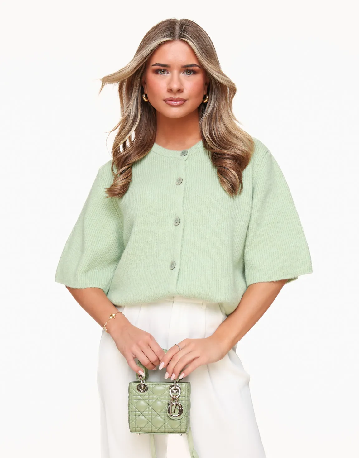 Mintgroene Gebreide 3/4 Mouwen - Vest