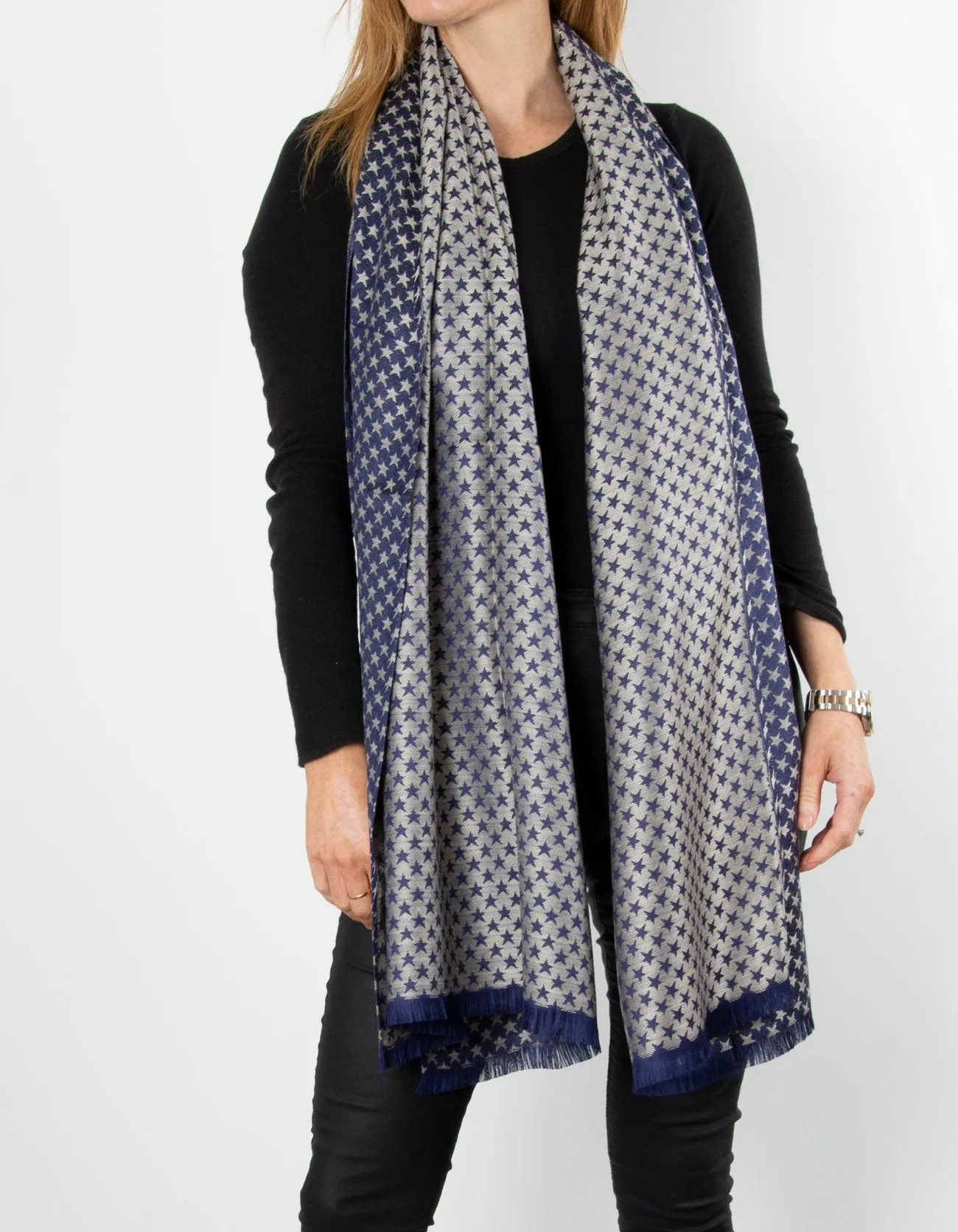 Navy Star Print Patterned Pashmina